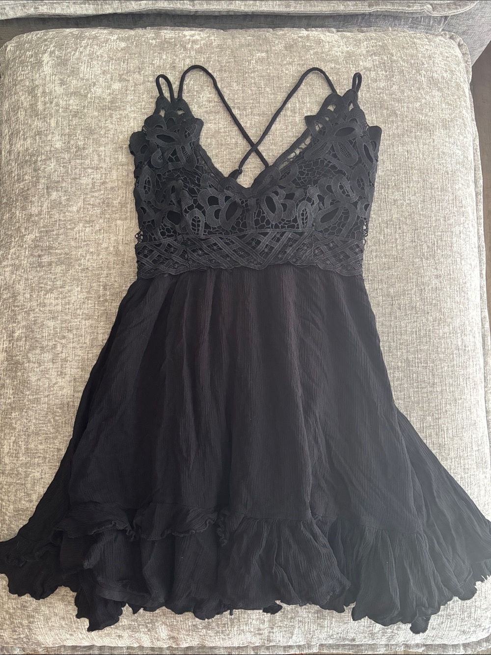 Chelsea & Violet Black Lace Bodice Crochet Spaghetti Straps Boho Mini Dress